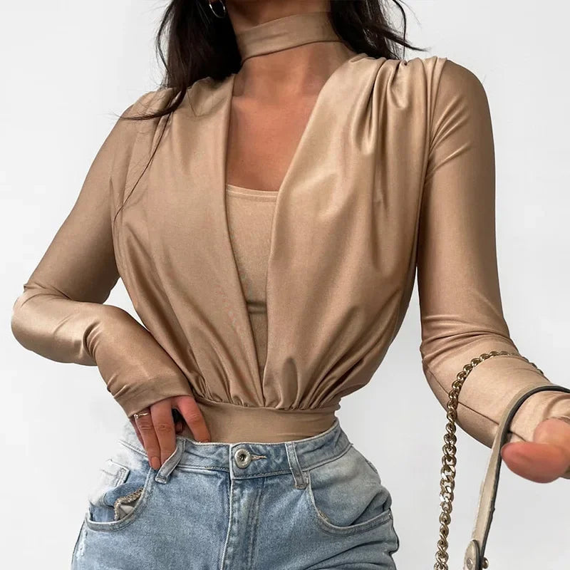 Sexy V-Neck Bodysuits Women Solid Color Slim Fits Sheath Bottom Splicing Long Sleeve Bodysuits Tops High Waist Casual Bodysuits