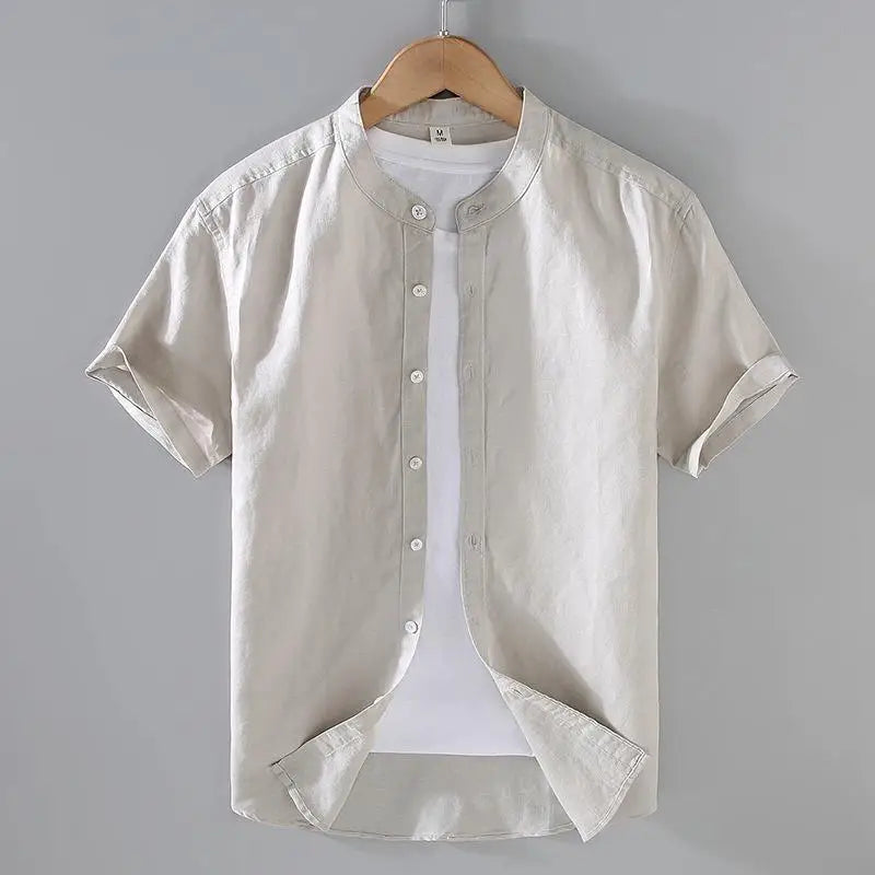 Cotton Linen Hot Sale Men's Short-Sleeved Shirts Summer Streetwear Plain Color Stand Collar Casual Beach Style Plus Size M-3XL