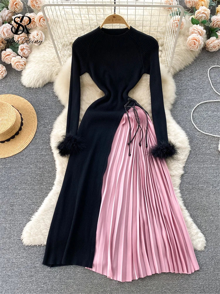 SINGREINY Senior Knitted Dress Fashion O Neck Feather Long Sleeve Women Drawstring Color Block Splicing Pleated Long Dress