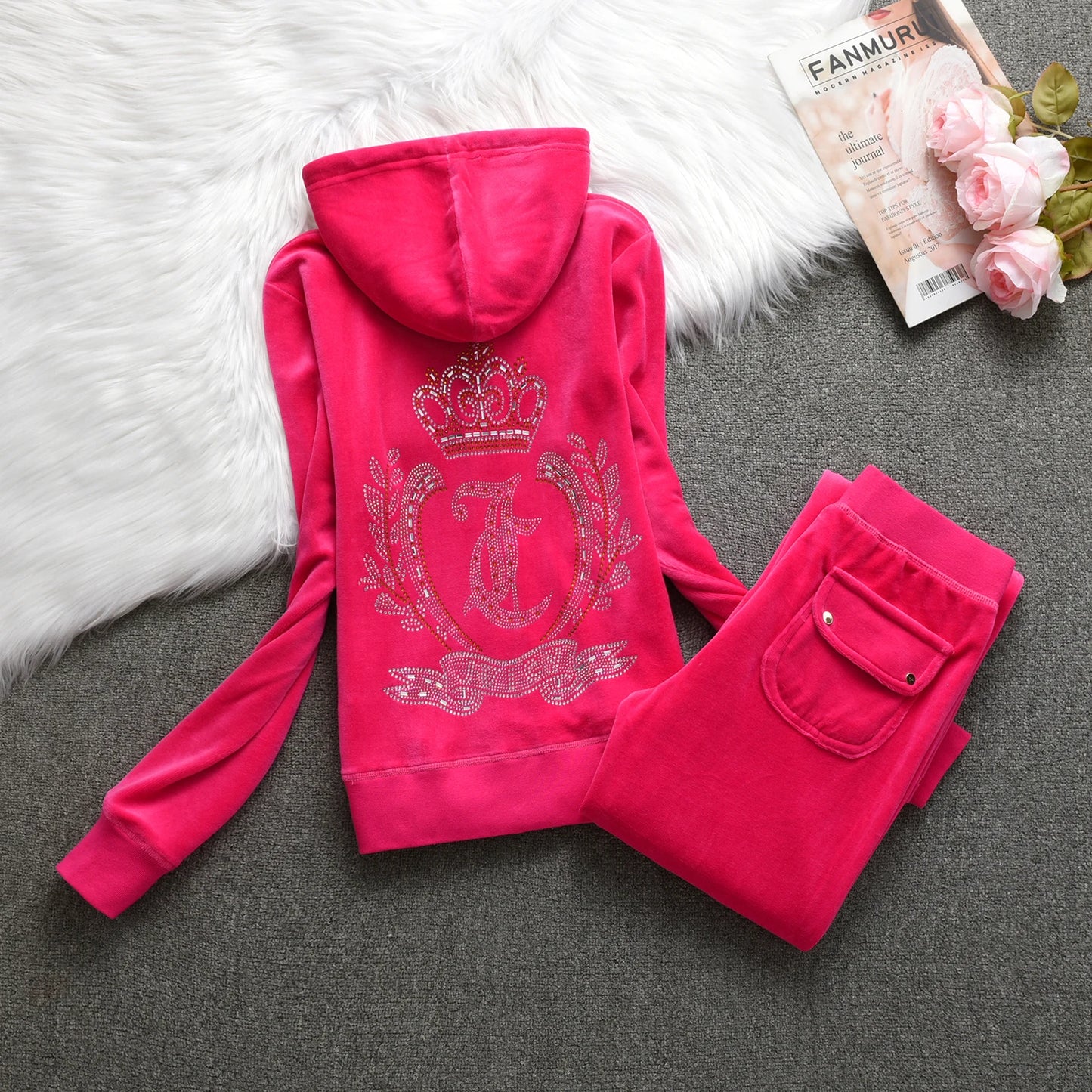 Velvet Tracksuit  New Winter Women Hooded Velvet Suit American Streetwear Casual Hooded Sweatshirt 2pc Casual Women's Suit