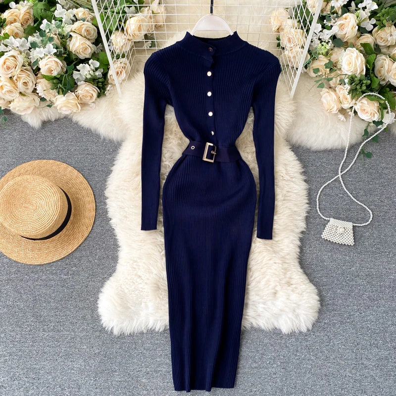 REALEFT Autumn Winter Stand Collar Women's Knitted Dresses Sashes 2024 New Long Sleeve Solid Casual Sheath Wrap Dresses Female