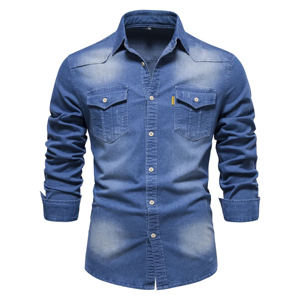 Fashion Autumn Cotton Denim Shirts Men Casual Long Sleeve Quality Cowboy Shirt Solid Color Slim Fit Elastic Jean Shirts for Men