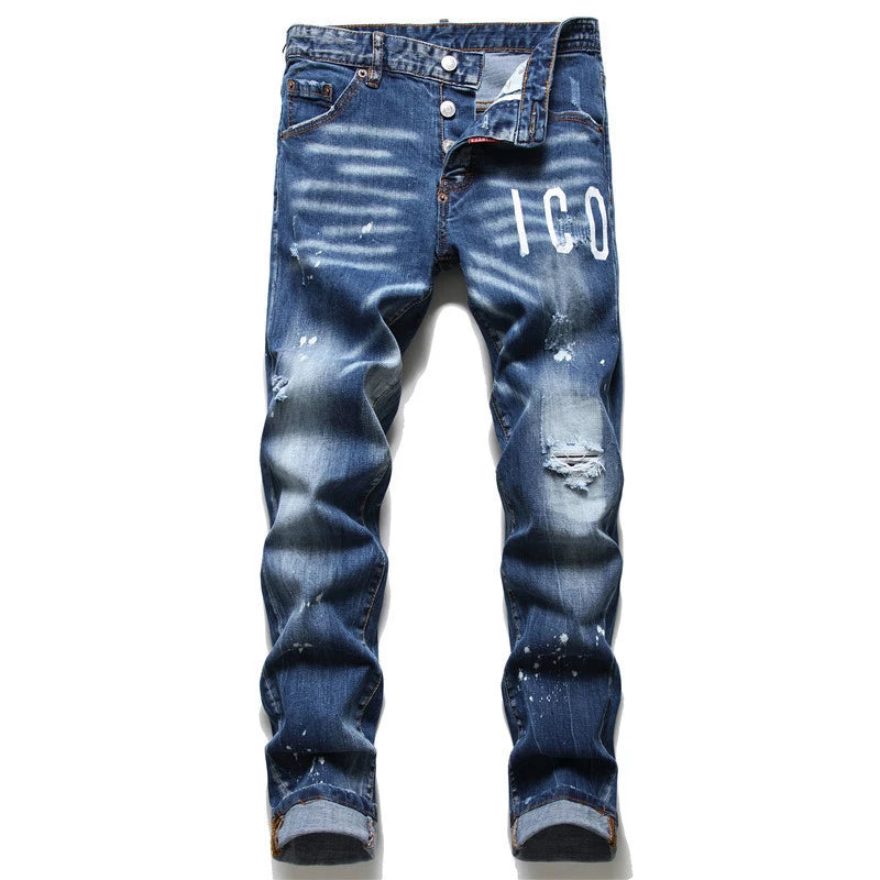 Men Blue Holes Ripped Denim