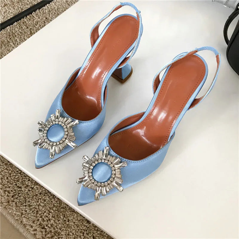 Women Pumps Silk Satin Pointy Toe Rhinestone Crystal High Heels