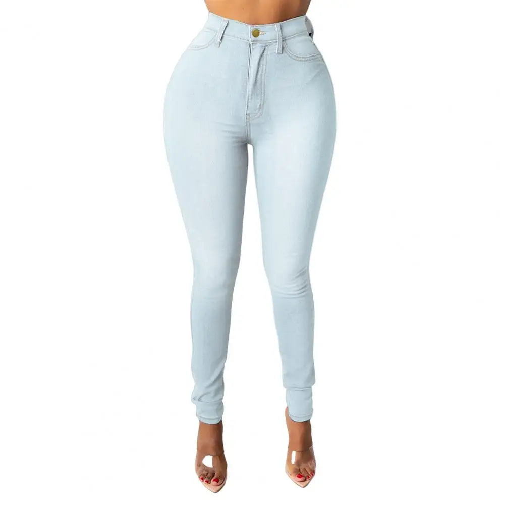 Women Jeans High Waist Women's Skinny Fit Washed Jeans with Zipper Button Fly Pockets Solid Color Denim Pencil for Streetwear