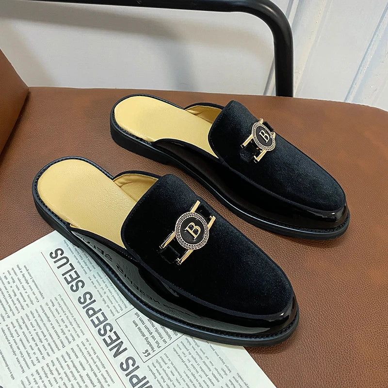 New Fashion  Men Half Slippers Suede Patchwork  Casual Metal Buckle Mules Moccasins Breathable Driving Shoes