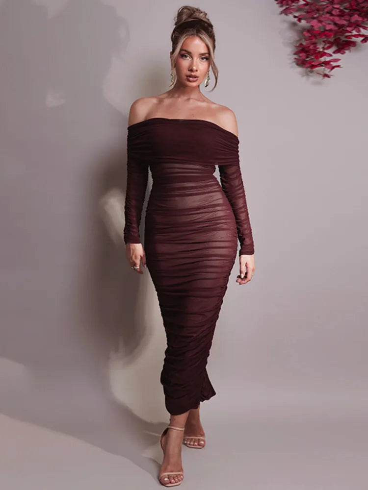 Mozision Off-shoulder Long Sleeve Sexy Maxi Dress For Women Autumn New Strapless Backless Bodycon Ruched Party Long Dress