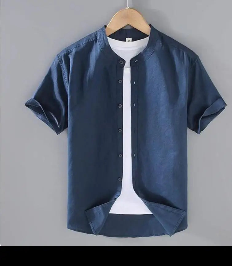 Cotton Linen Hot Sale Men's Short-Sleeved Shirts Summer Streetwear Plain Color Stand Collar Casual Beach Style Plus Size M-3XL