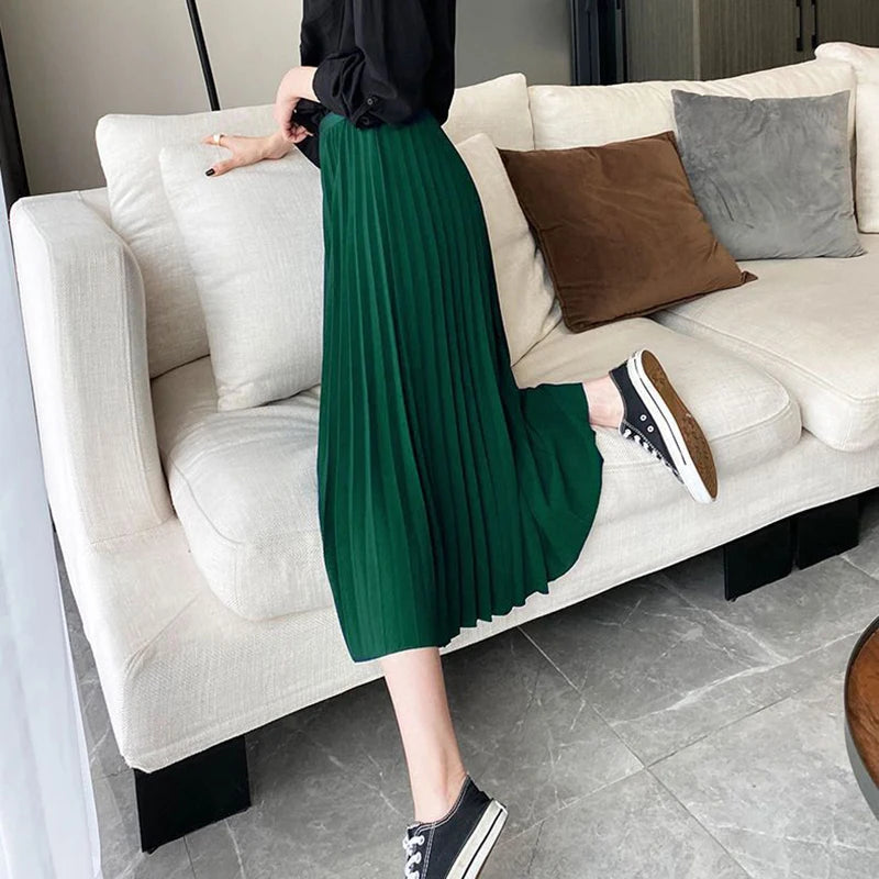 Elegant Green Pleated A Line Skirts for Women 2024 Fashion Satin High Waist Long Skirts Woman Spring Summer Solid Basic Skirt