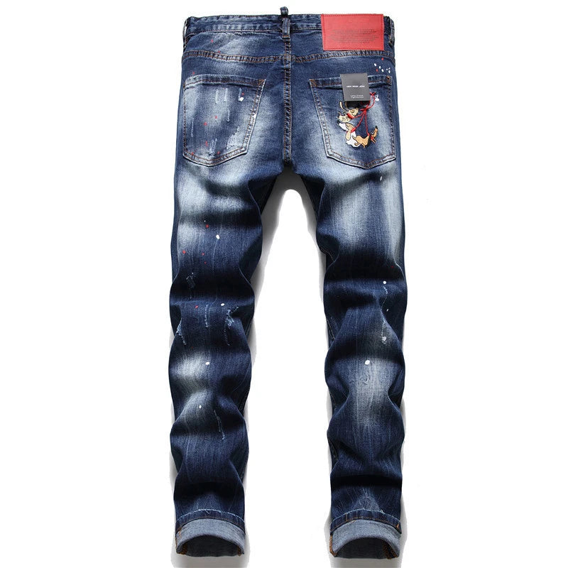 Men Blue Holes Ripped Denim