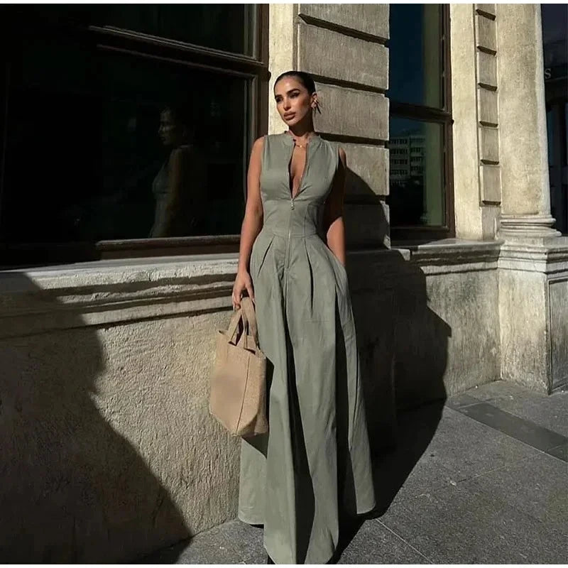 Fashion Sleeveless High Waist Zipper Maxi Dress