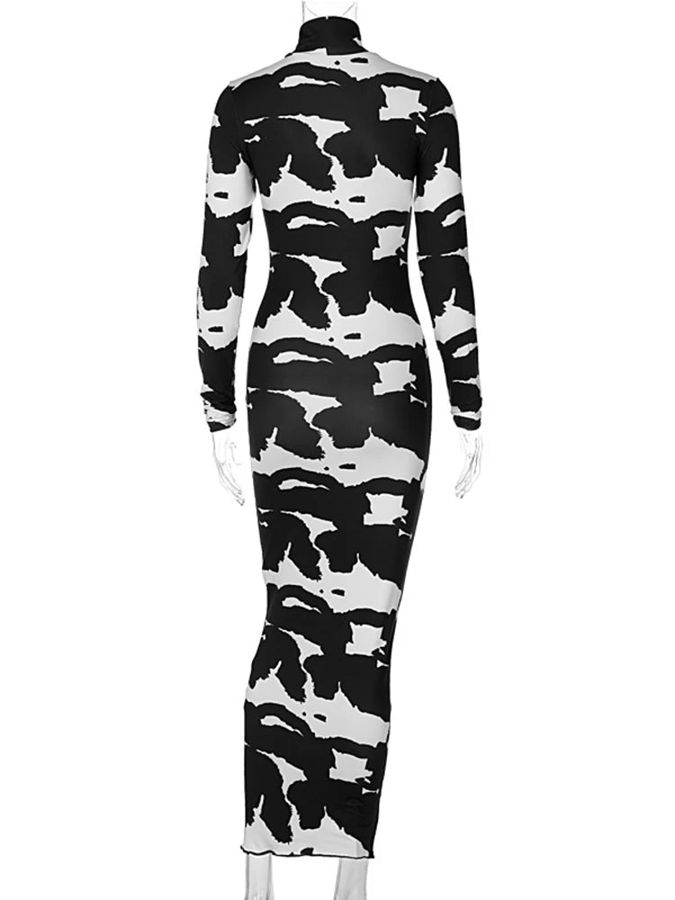 Turtleneck Cow Print Bodycon Maxi Dress