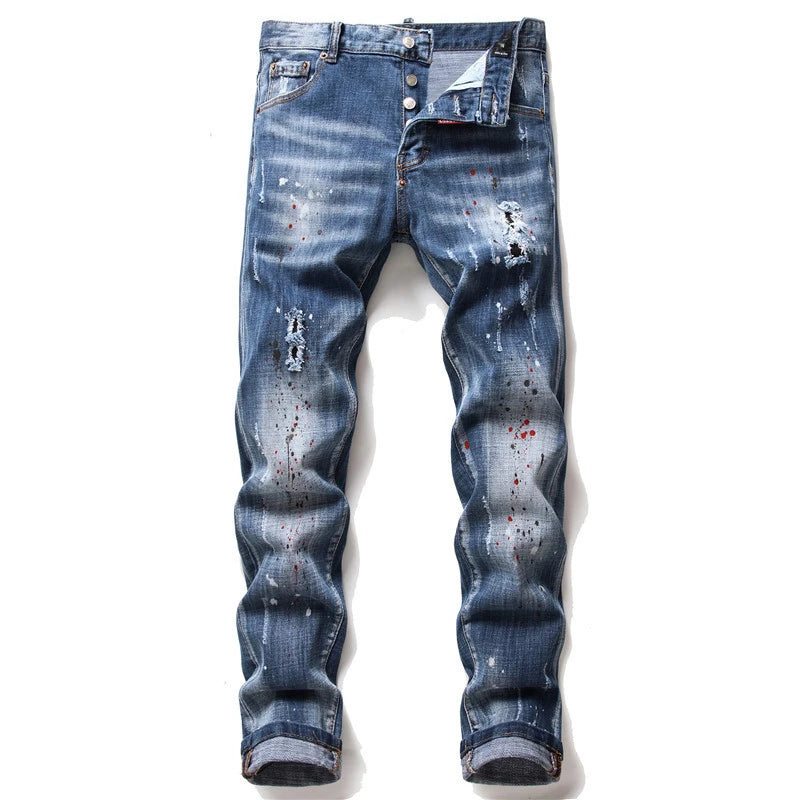 Men Blue Holes Ripped Denim