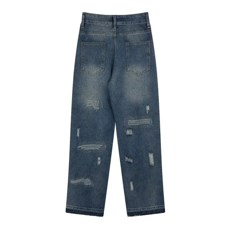 Blue High Street Jeans Men's Solid Color Hole Do Old Straight Leg Pants Loose Button Pockets Y2K Trousers A170