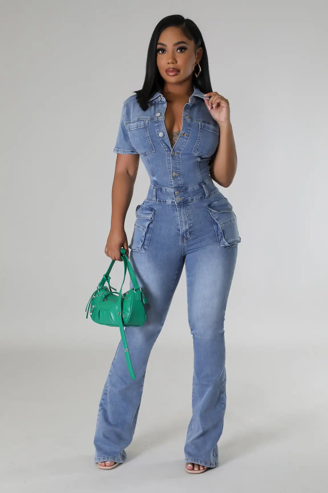 Multi Pockets Wide Leg Jeans Jumpsuit Sexy Women Turn Down Collar Elegant Denim Casual Romper Overalls