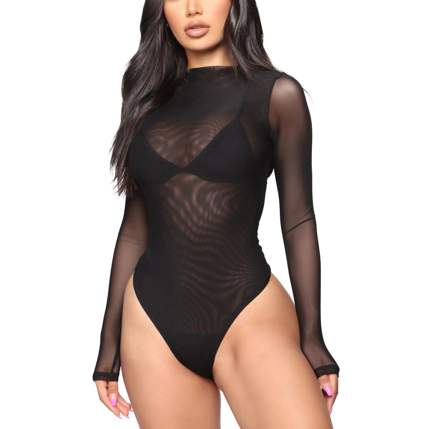 Womens Girls Fashion See-through Long Sleeve Bodysuit Lingerie Nightwear Crew Neck High Cut Leotard for Dating Nightclub Teddies