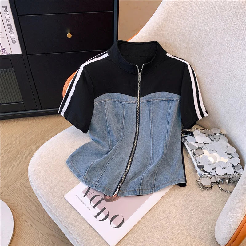 Summer New Stitched Zipper T-shirt top Female Set Elegant Women's Jeans Casual Blouse Two Piece Set Ladies Tracksuits big