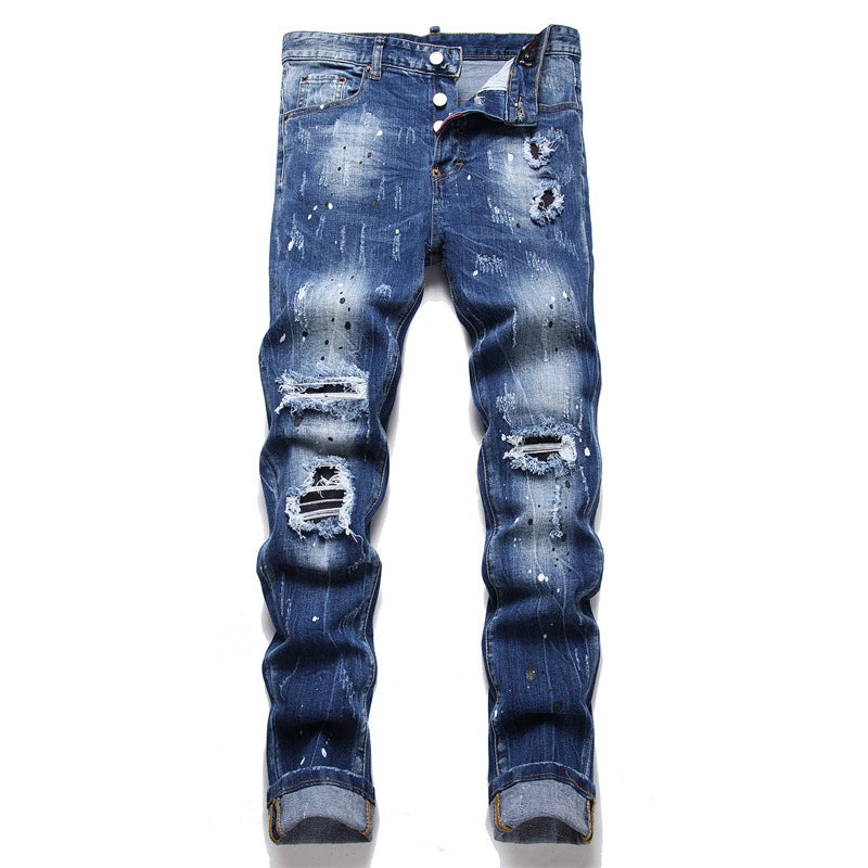 Men Blue Holes Ripped Denim