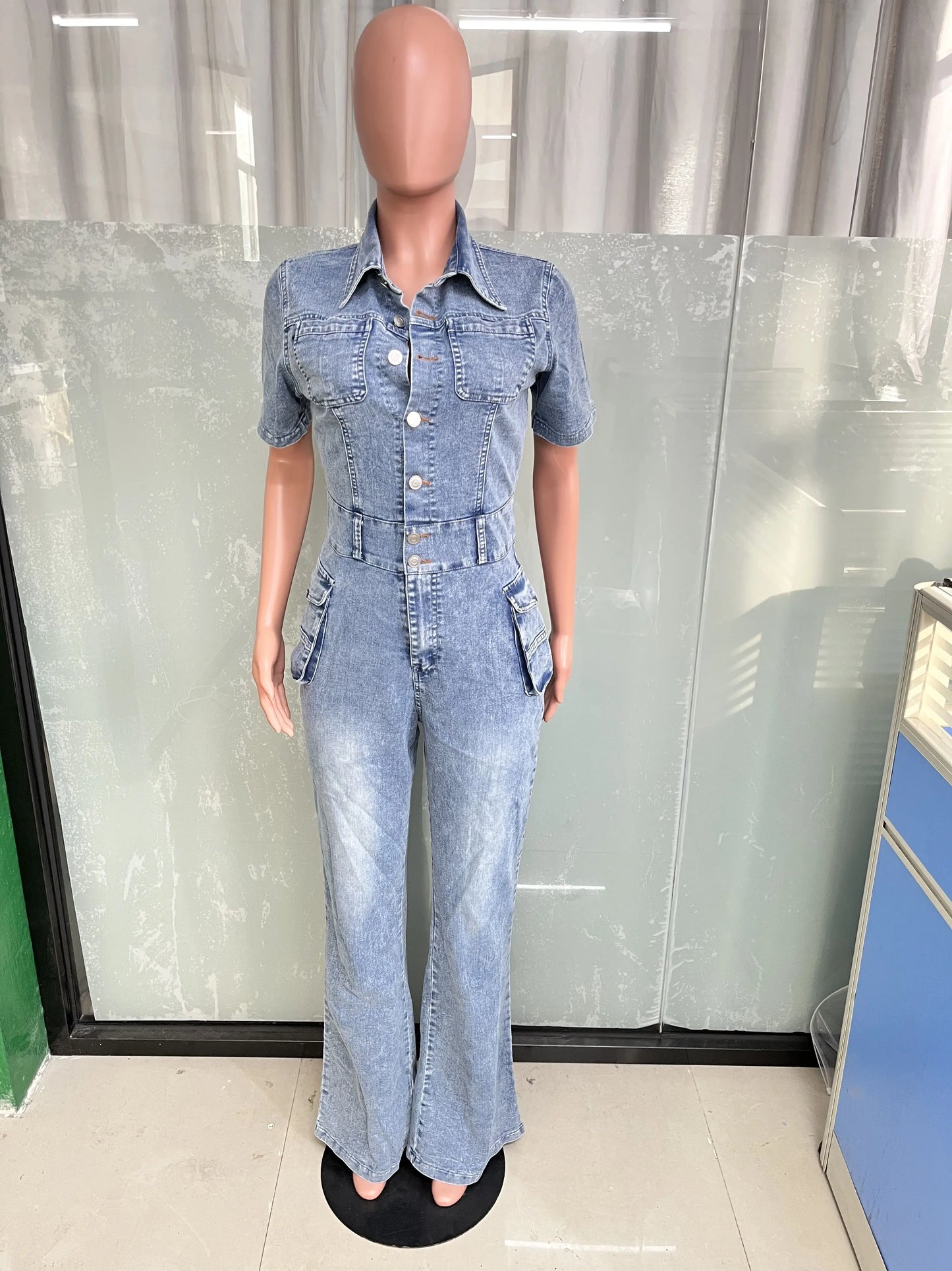 Multi Pockets Wide Leg Jeans Jumpsuit Sexy Women Turn Down Collar Elegant Denim Casual Romper Overalls