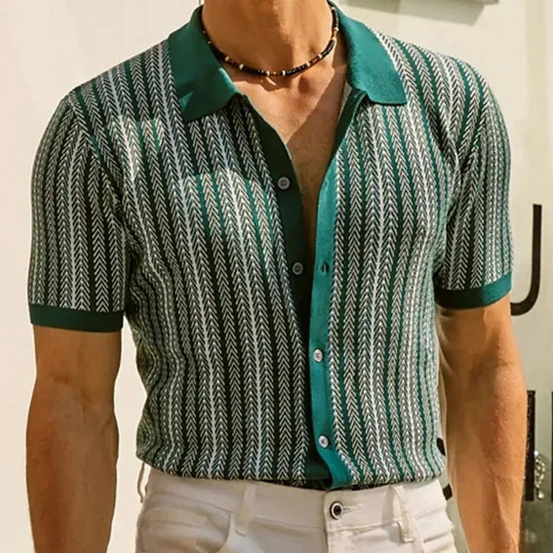 Summer Men's Luxury Stripe Printed Knitted Shirts Pola Neck Short Sleeve Button-down T-Shirts for Men Vintage Business Knitwear