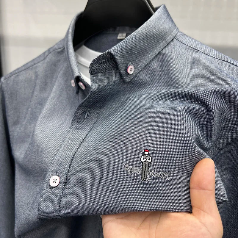 Fashion Brand Men's New Luxury Quality Autumn 100% Cotton Shirt Personalized Solid Color Exquisite Embroidery Long Sleeved Shirt