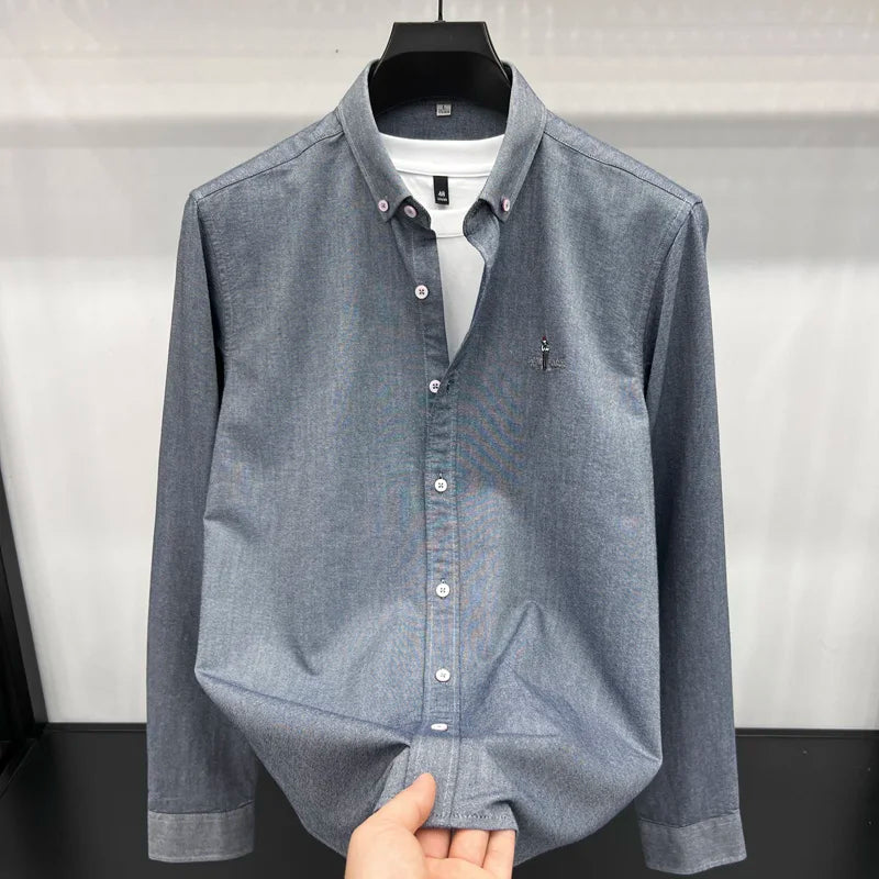 Fashion Brand Men's New Luxury Quality Autumn 100% Cotton Shirt Personalized Solid Color Exquisite Embroidery Long Sleeved Shirt