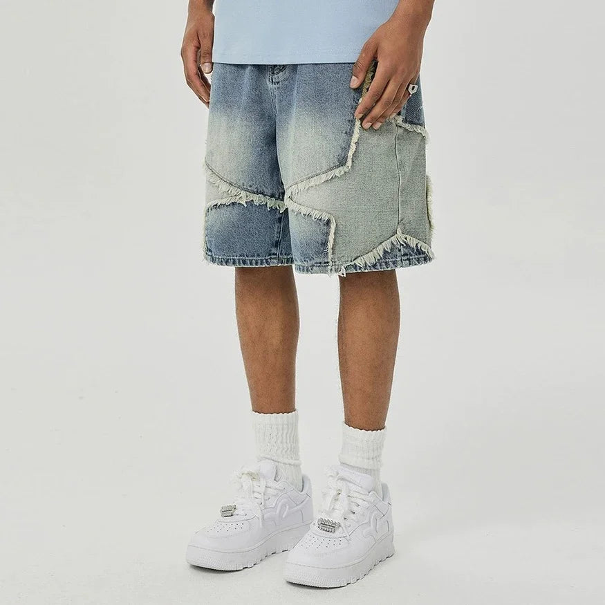 Stars Patchwork High Street Washed Baggy Jeans Shorts for Men Wide Leg Straight Casual Denim Shorts Five Point Pants Oversized