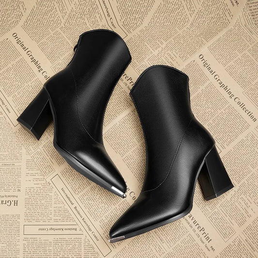 Luxury brand hot selling pointed toe thick heel high quality ankle boots for women winter high heels women shoes tacones туфли