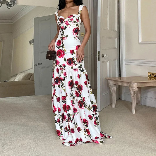 Ellafads Maxi Floral Print Backless  Maxi Dresses