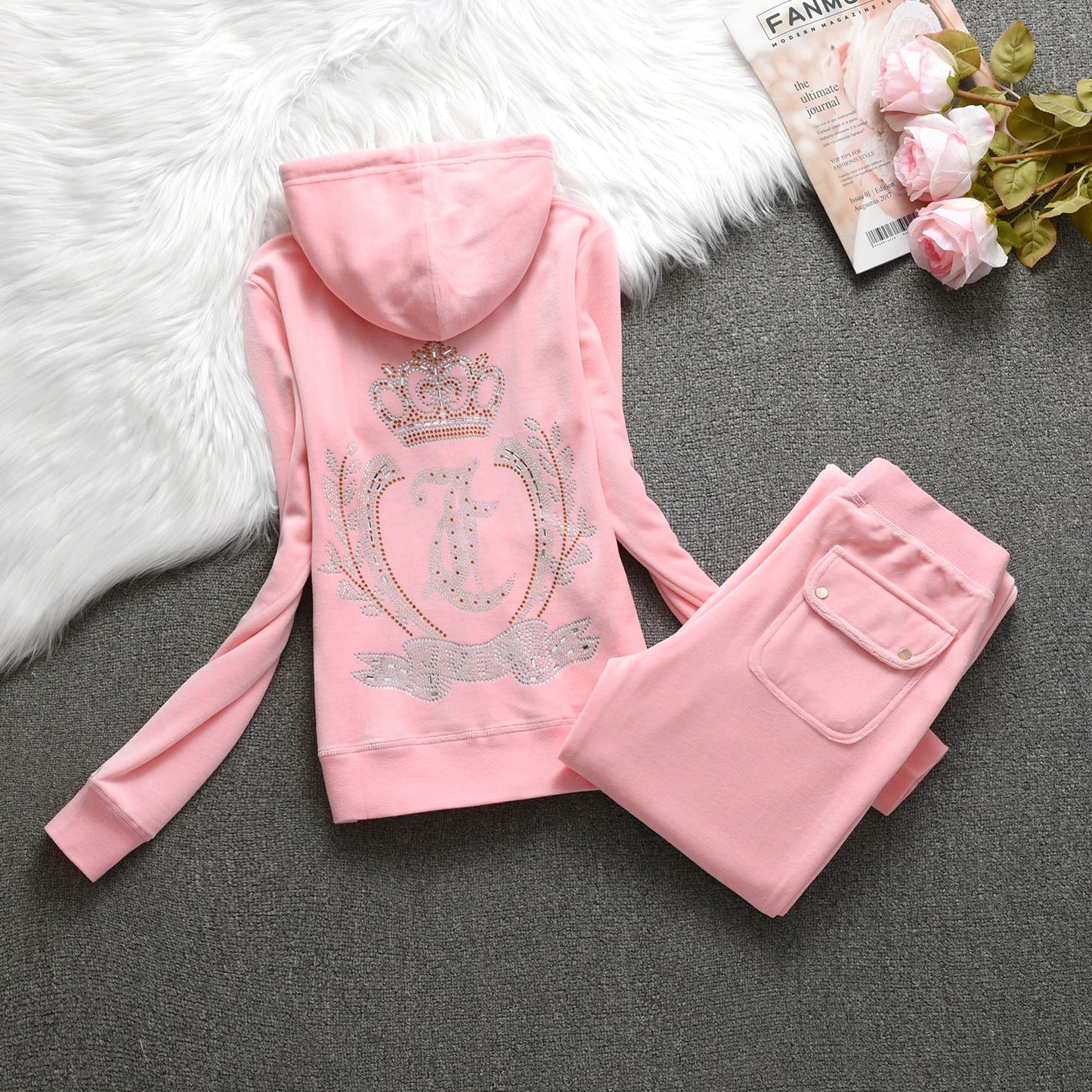 Velvet Tracksuit  New Winter Women Hooded Velvet Suit American Streetwear Casual Hooded Sweatshirt 2pc Casual Women's Suit