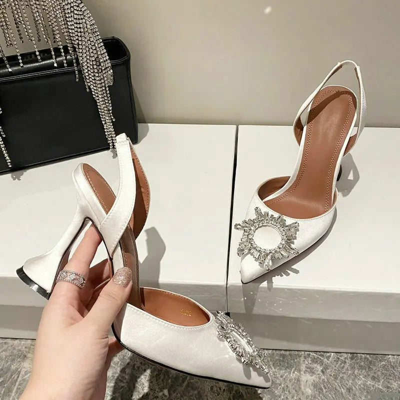 Women Pumps Silk Satin Pointy Toe Rhinestone Crystal High Heels