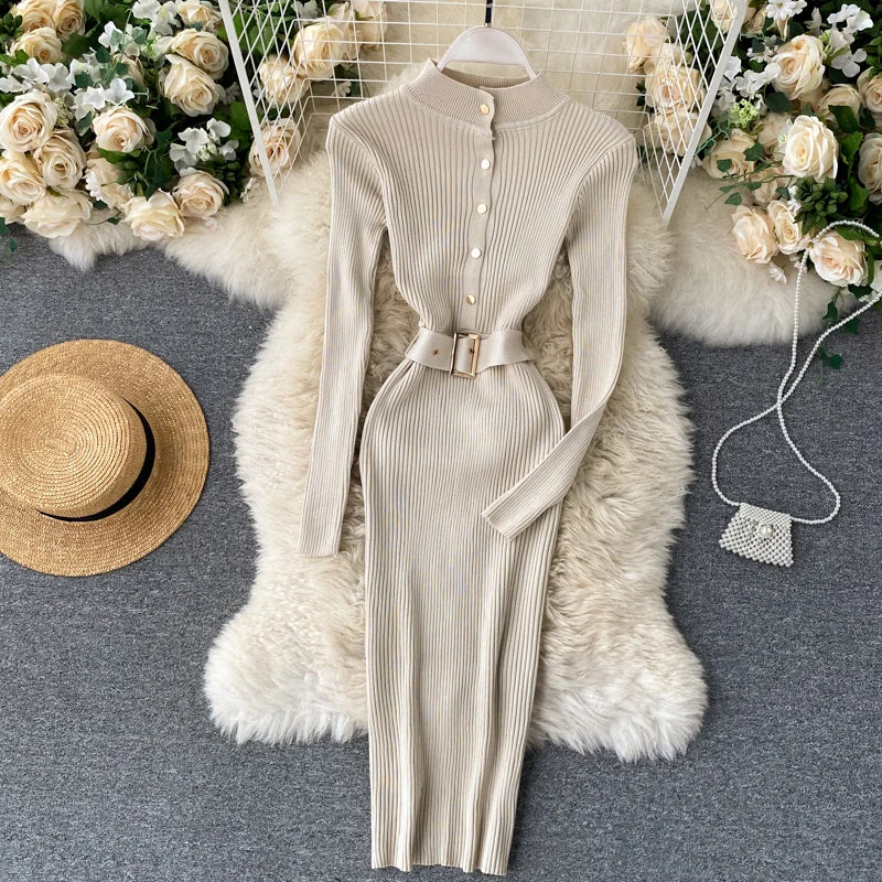 REALEFT Autumn Winter Stand Collar Women's Knitted Dresses Sashes 2024 New Long Sleeve Solid Casual Sheath Wrap Dresses Female