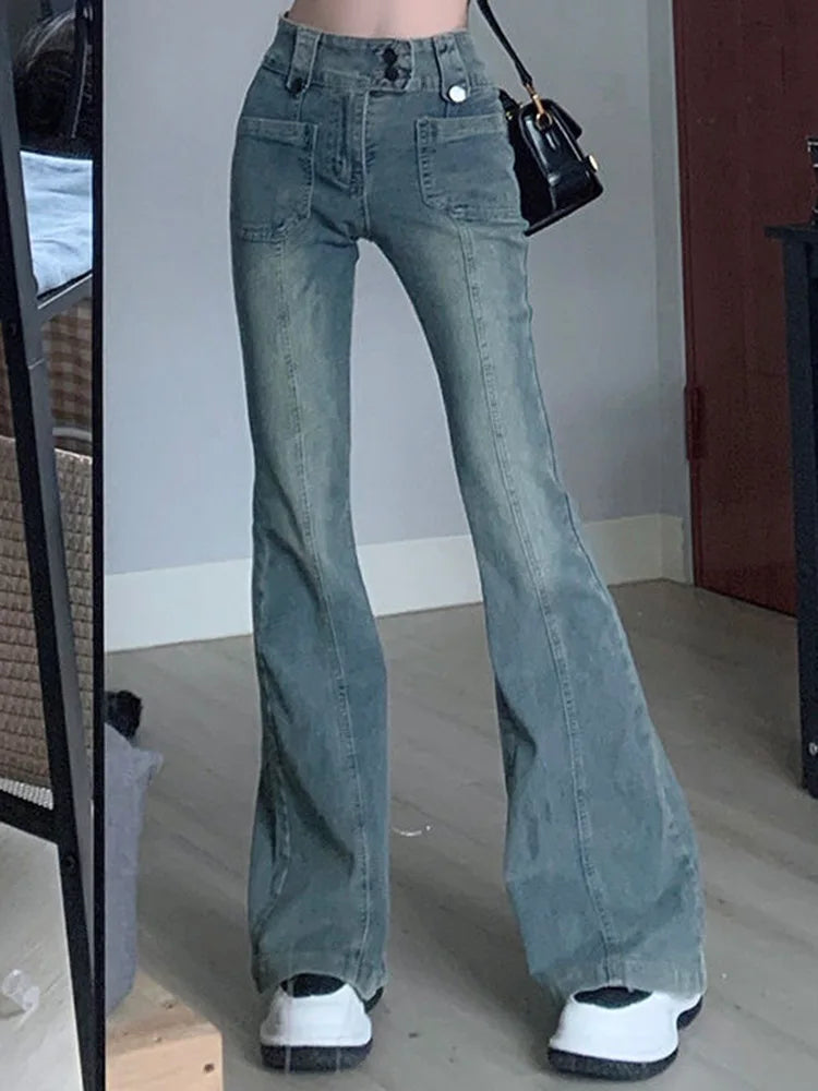 Pockets Vintage High Waist Skinny Jeans Female Hong Kong Style Denim Bell Bottom Pants Spicy Girl Blue Oversized Boot Cut Jeans