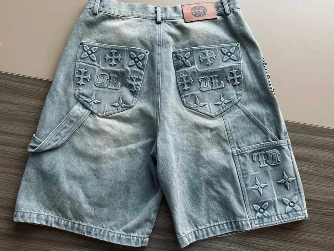 American New Fashion Geometric Decoration Baggy Denim Shorts Men Y2K Street Retro Hip Hop Popular Gothic Casual Wide Leg Shorts