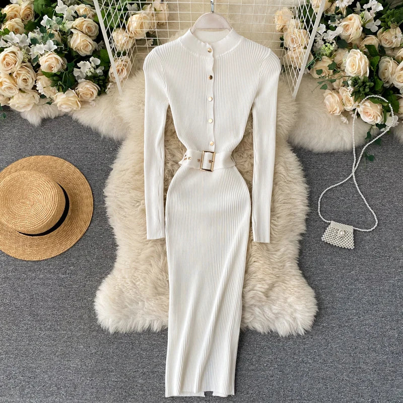 REALEFT Autumn Winter Stand Collar Women's Knitted Dresses Sashes 2024 New Long Sleeve Solid Casual Sheath Wrap Dresses Female