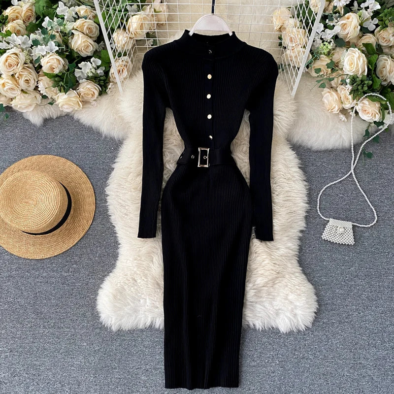 REALEFT Autumn Winter Stand Collar Women's Knitted Dresses Sashes 2024 New Long Sleeve Solid Casual Sheath Wrap Dresses Female