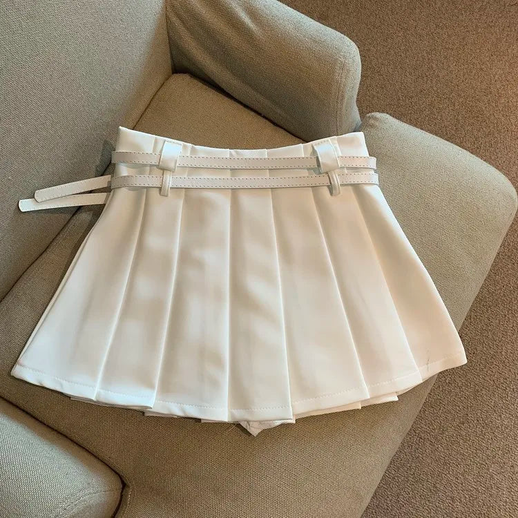 Women Pleated Mini Skirt with Dual Heart Belt for Teen-girl High Waist Tennis Skirt Preppy Summer Y2K Outfit