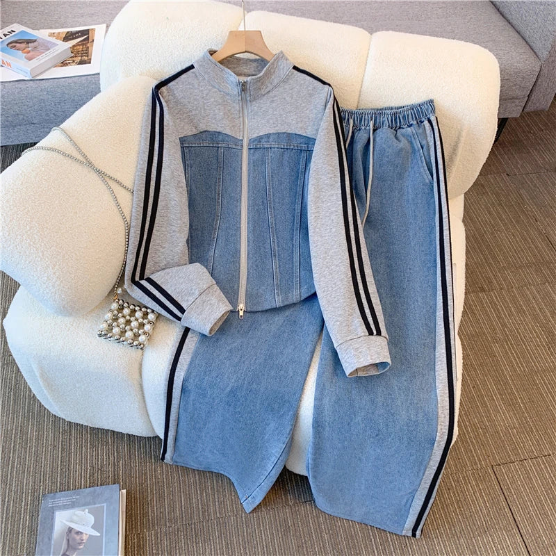 Summer New Stitched Zipper T-shirt top Female Set Elegant Women's Jeans Casual Blouse Two Piece Set Ladies Tracksuits big