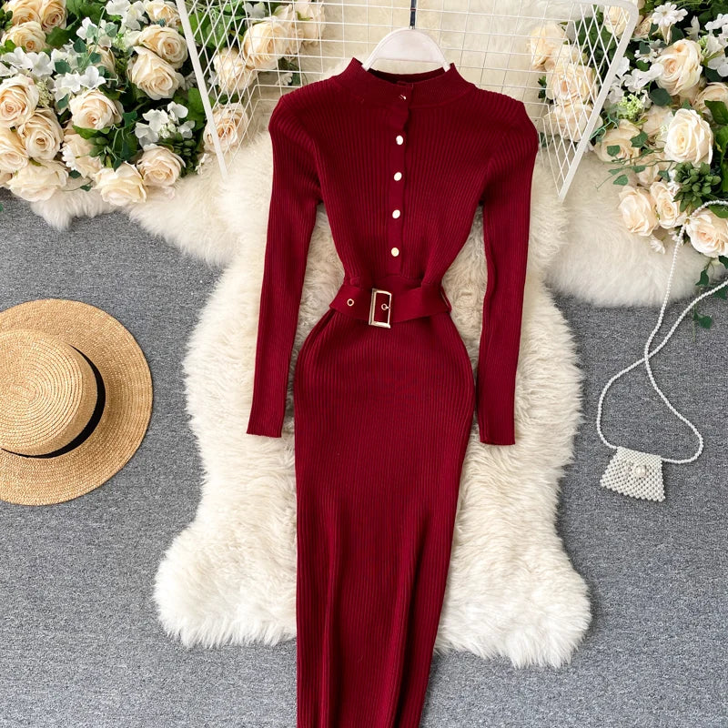 REALEFT Autumn Winter Stand Collar Women's Knitted Dresses Sashes 2024 New Long Sleeve Solid Casual Sheath Wrap Dresses Female