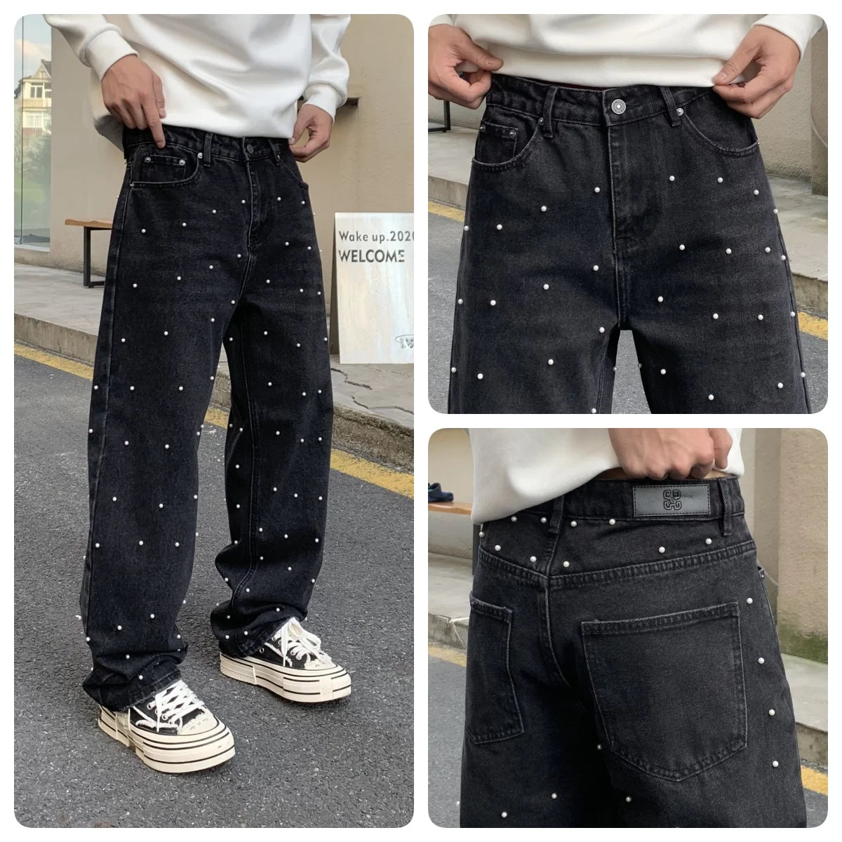 Korean Fashion Straight Jeans Men Heavy Industry Beads American Street Wear New Loosen Fit Mid Waist Denim Pants Autumn