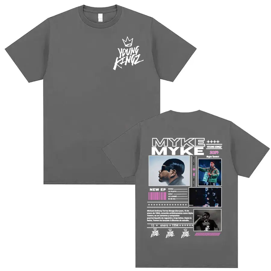 Rapper Myke Towers Young Kingz Album Graphics T Shirts Men Women Fashion Vintage Hip Hop T-shirt Casual Cotton Oversized T Shirt