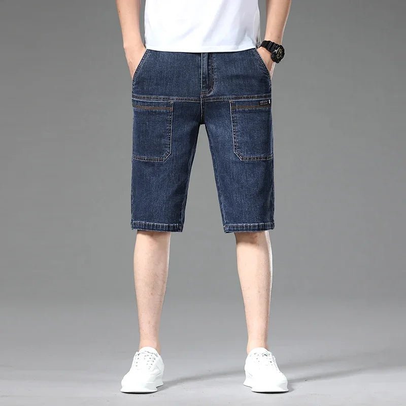 Summer Multi-pocket Thin Denim Shorts for Men Loose Straight Stretch Versatile Casual Short Jeans Male Brand Clothing