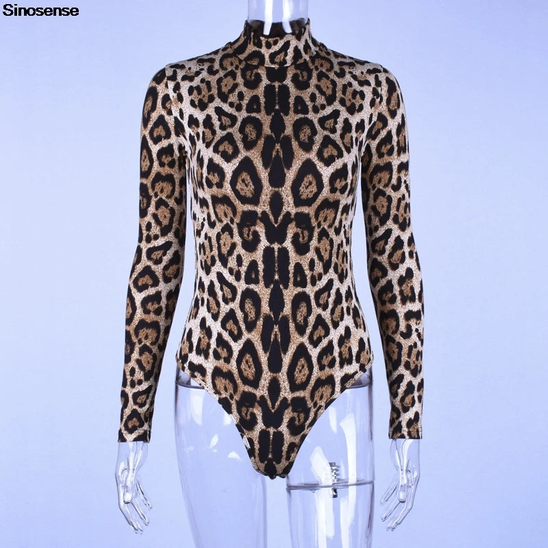 Women's Turtleneck Long Sleeve Bodysuit Tops Leopard Print Leotards Slim Fitted Tight Going Out Night Club Party Tops Body Suits