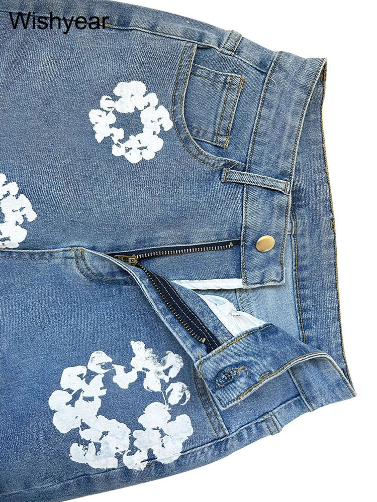 Fashion Spring Cotton stretch Flower Print Blue Jeans