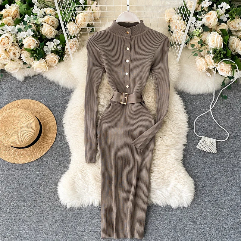 REALEFT Autumn Winter Stand Collar Women's Knitted Dresses Sashes 2024 New Long Sleeve Solid Casual Sheath Wrap Dresses Female