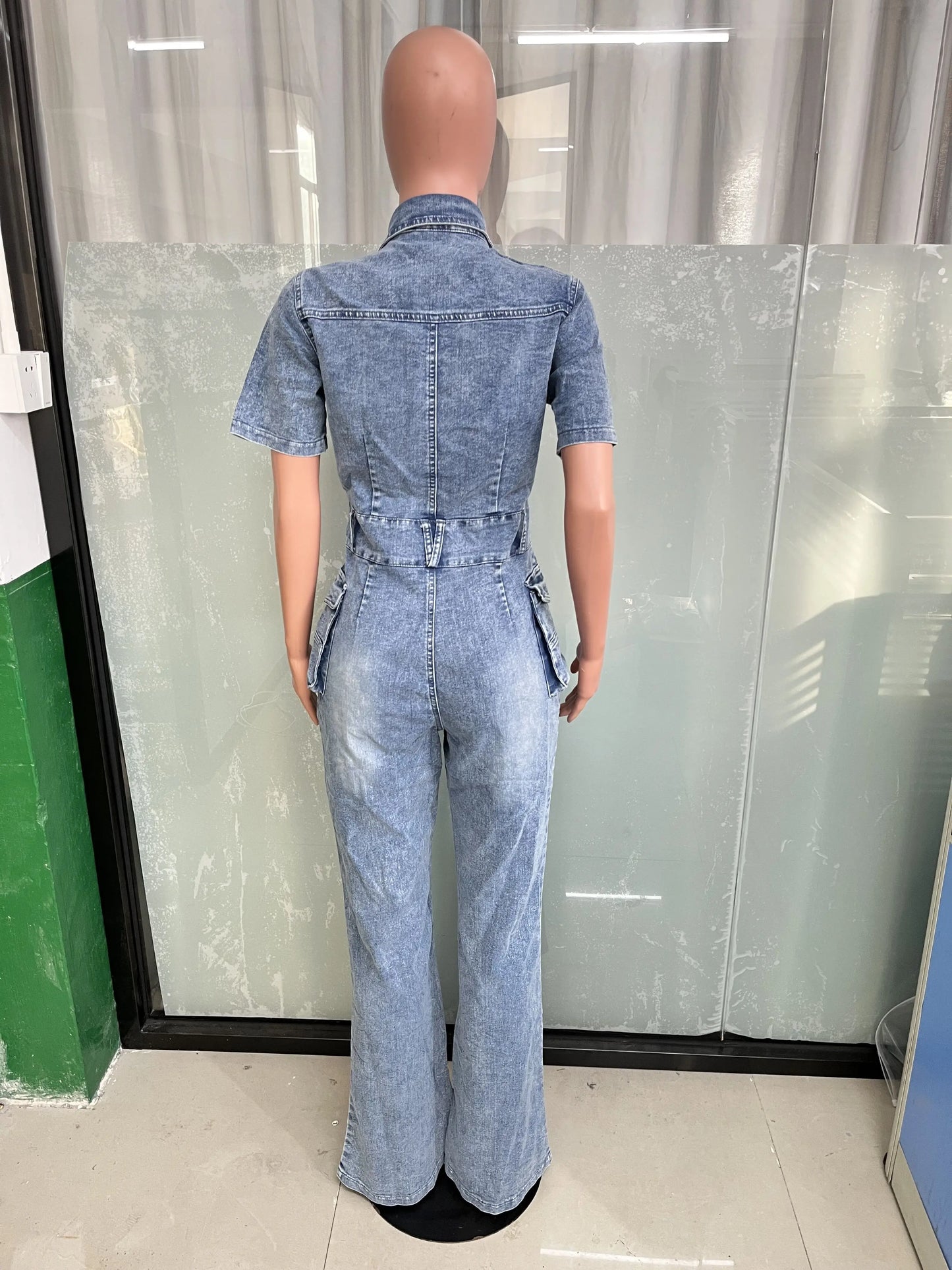 Multi Pockets Wide Leg Jeans Jumpsuit Sexy Women Turn Down Collar Elegant Denim Casual Romper Overalls