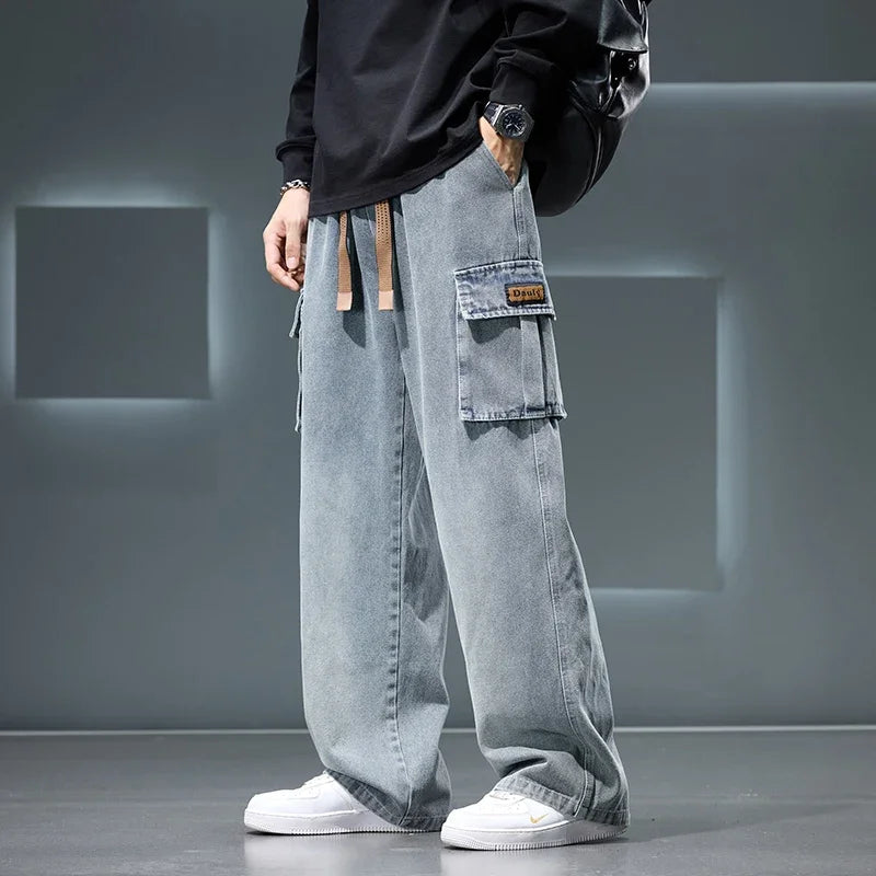 Autumn New Wide Leg Washing Jean Pants Men Trousers Neutral Solid Color Loose Casual Fashion Pocket Cargo Pants Big Size 8xl