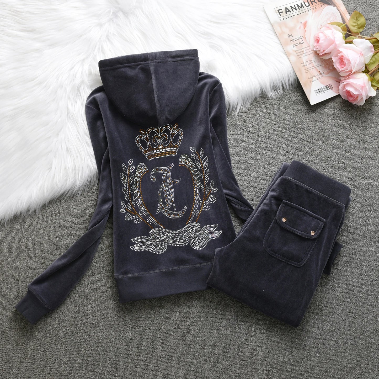 Velvet Tracksuit  New Winter Women Hooded Velvet Suit American Streetwear Casual Hooded Sweatshirt 2pc Casual Women's Suit