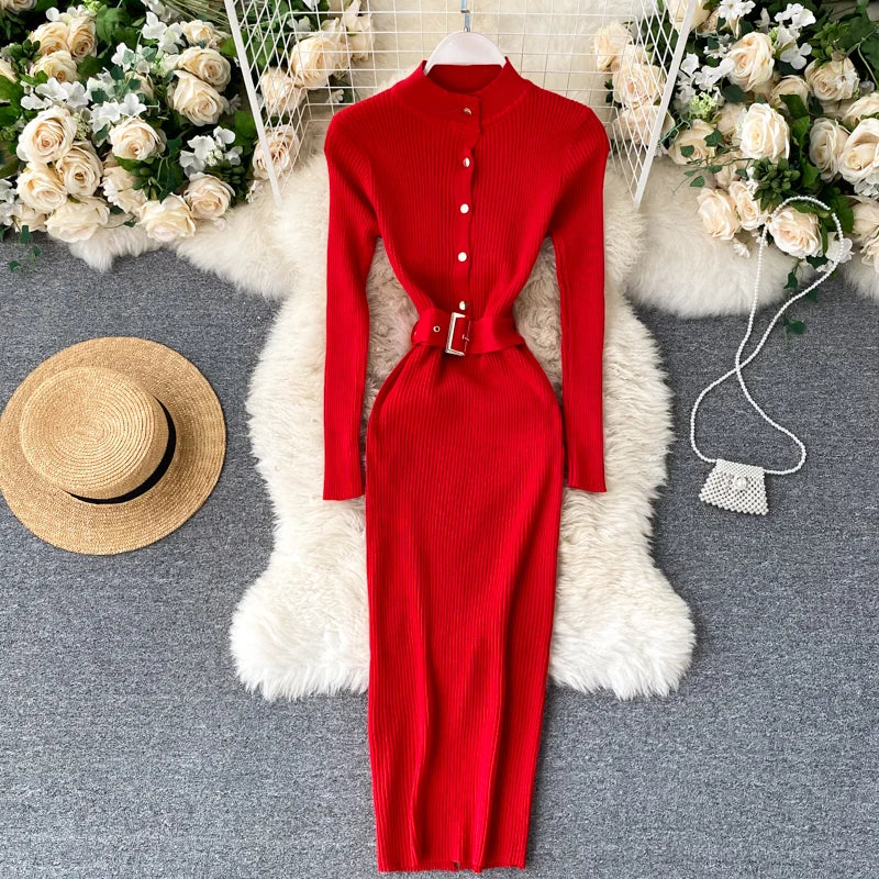 REALEFT Autumn Winter Stand Collar Women's Knitted Dresses Sashes 2024 New Long Sleeve Solid Casual Sheath Wrap Dresses Female