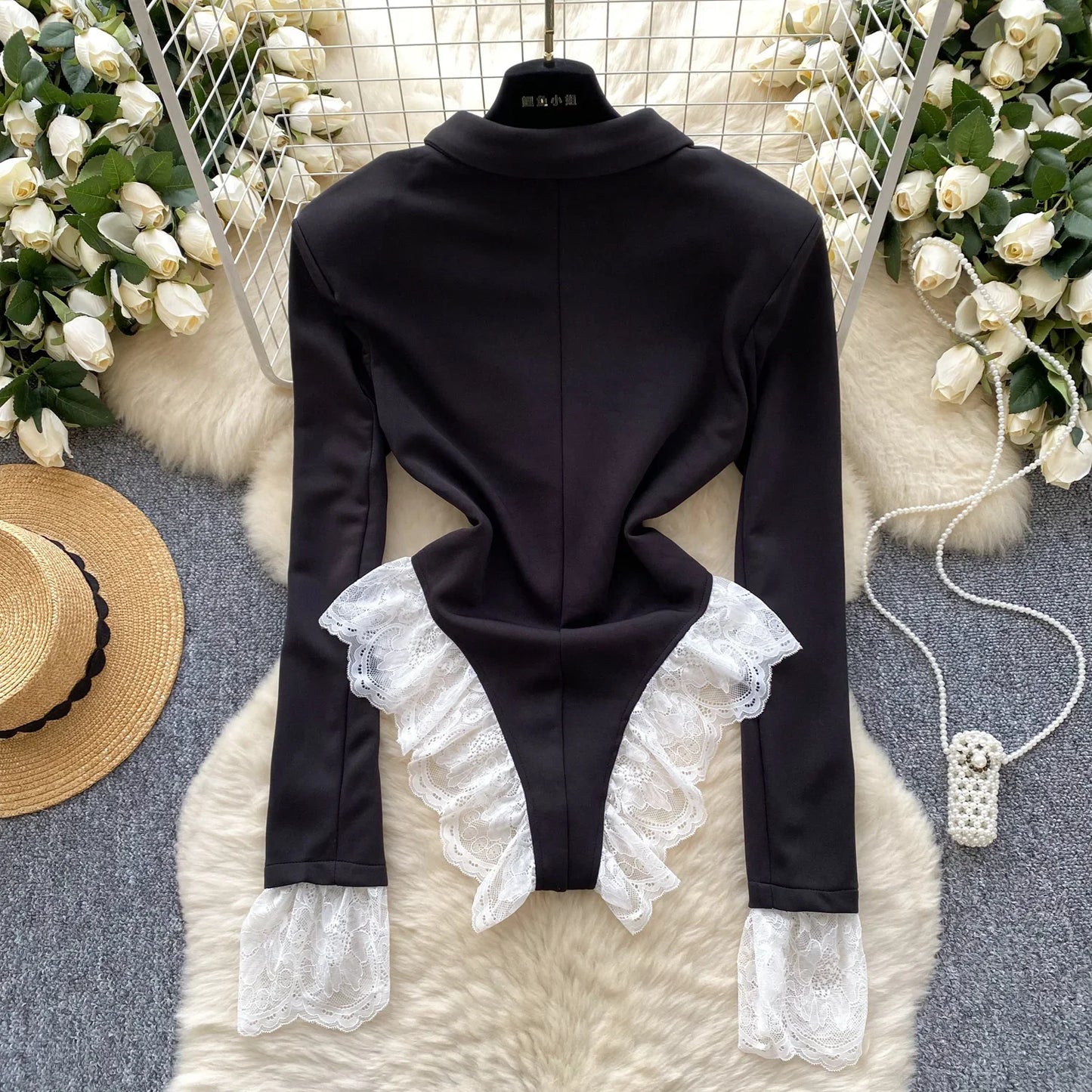 Hotsweet Turn-down Collar Elegant Long Sleeves Chic Lace Spliced Bodysuits Slim Top Korean Sexy High Street Autumn Jumpsuit